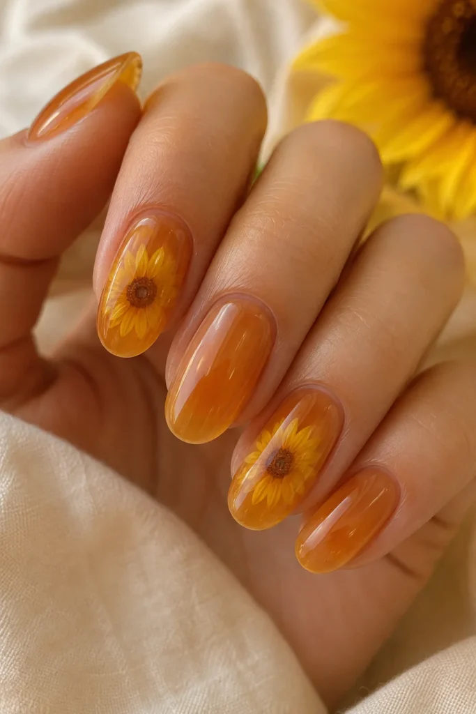 Translucent amber jelly nails featuring soft glowing sunflower design underneath