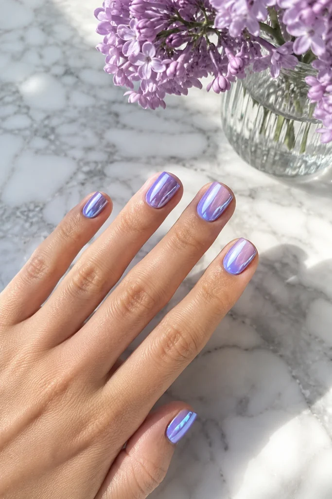Lavender chrome shine on short squoval birthday nails