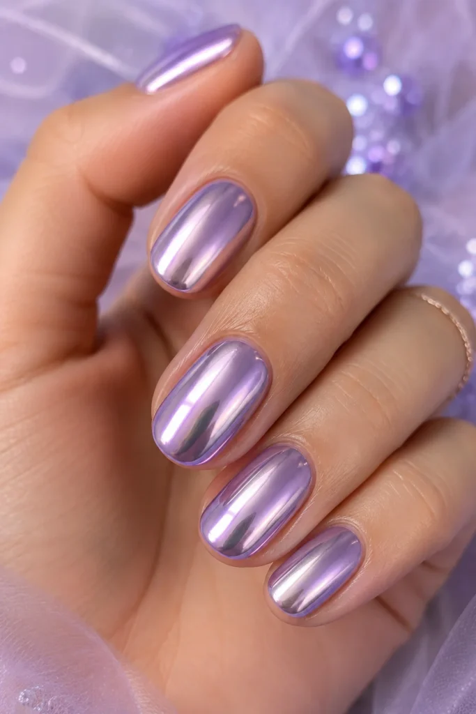 Short round nails with shiny lavender chrome mirror finish