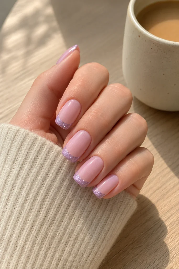 Lavender glitter French tip nails with natural base