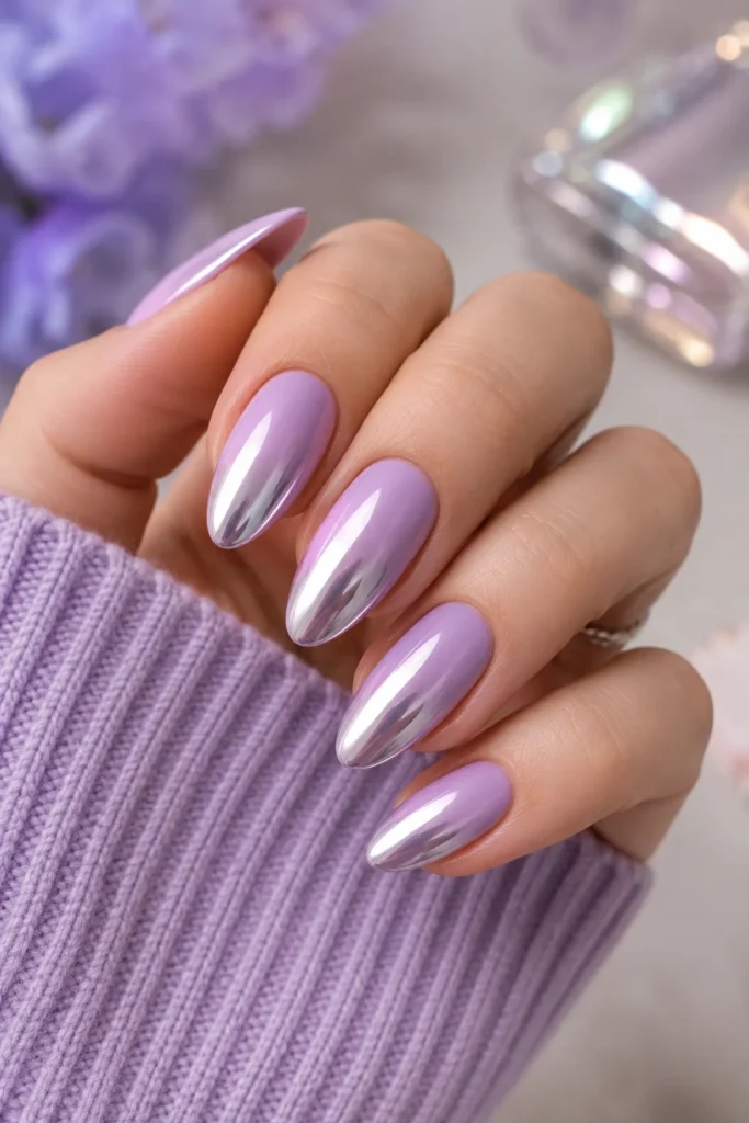 Lavender to silver chrome ombre almond nails with mirror-like shine