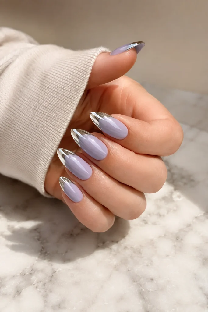 Lavender nails with elegant silver chrome tips