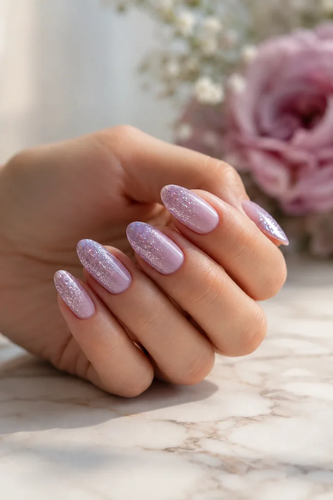 Lilac glitter ombre nails with a soft dreamy finish