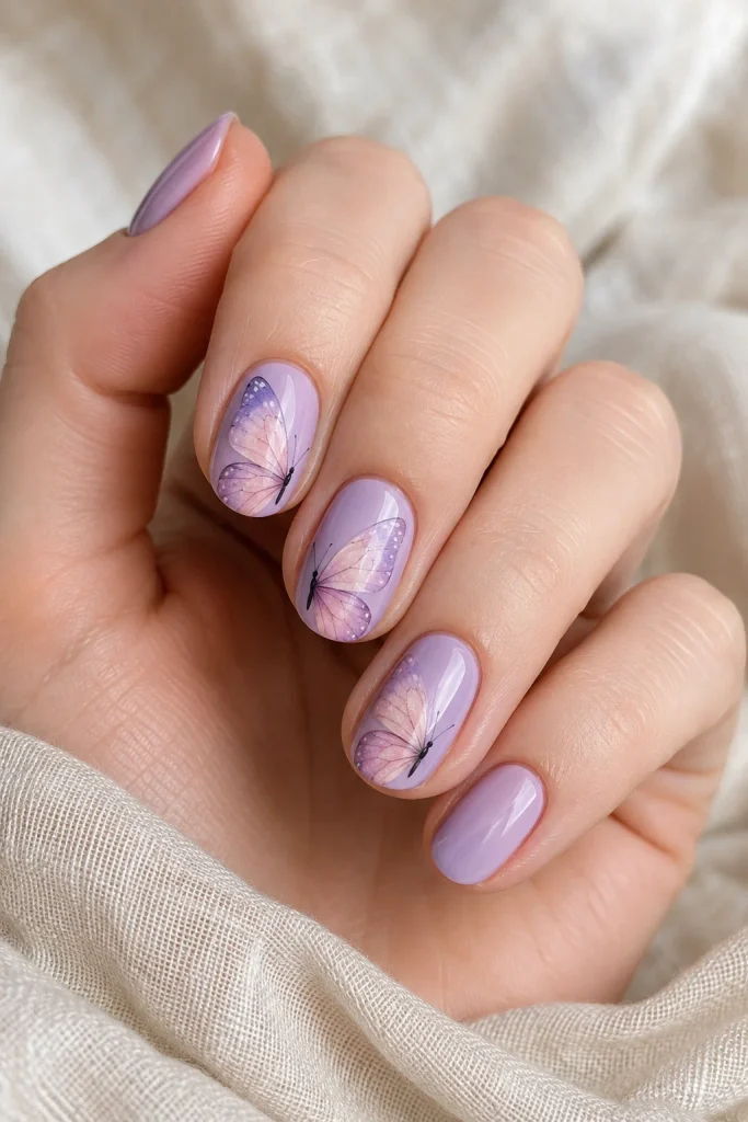 Soft lilac nails with watercolor butterfly wings