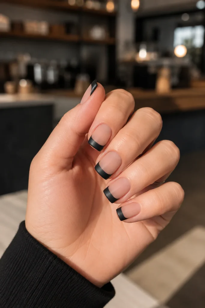 Matte black French tip nails on short square nails