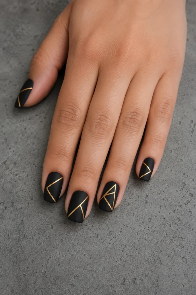Matte black nails with geometric gold line art