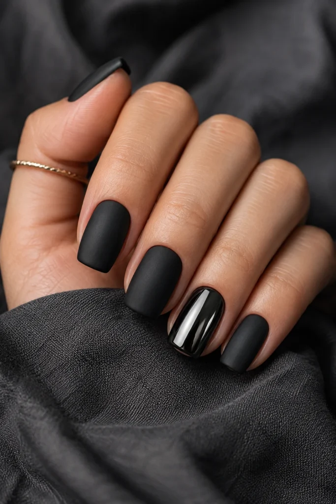 Matte black Halloween nails with one glossy accent nail