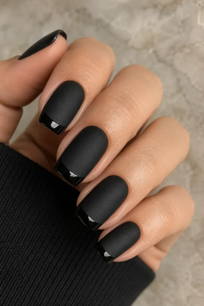Short matte black nails with glossy black tips