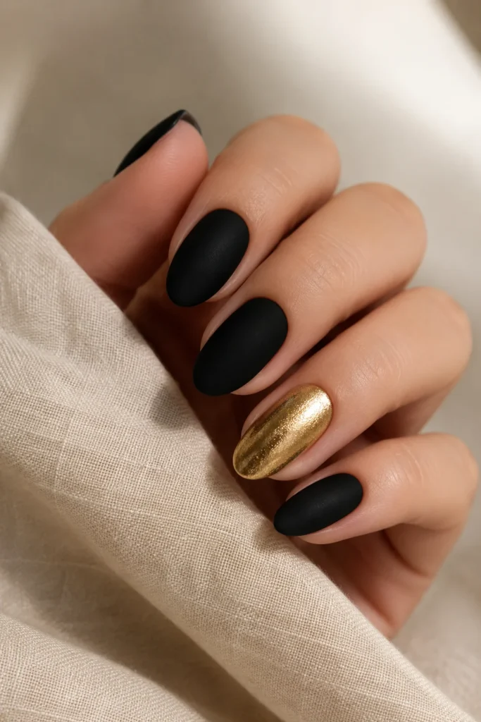 Matte black nails with one glossy gold accent nail