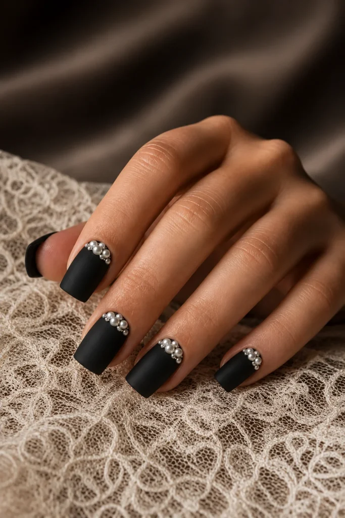 Matte black wedding nails decorated with delicate pearl accents