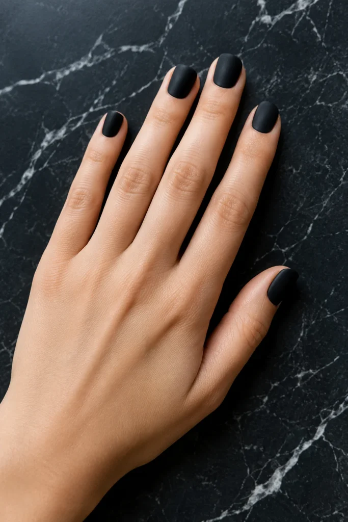Short matte black squoval nails with a soft modern finish