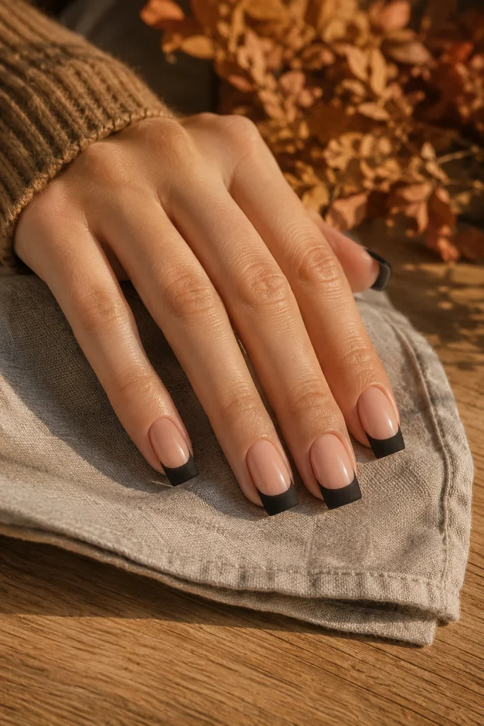 Matte black tips on glossy nude nails