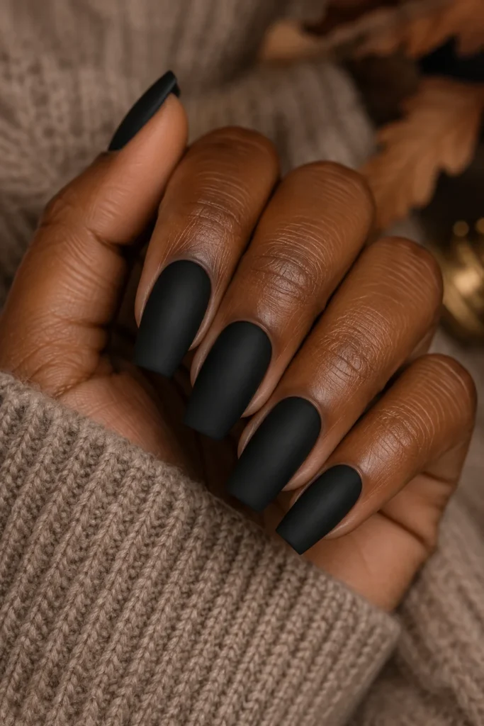 Matte black coffin nails resting against a soft beige sweater.