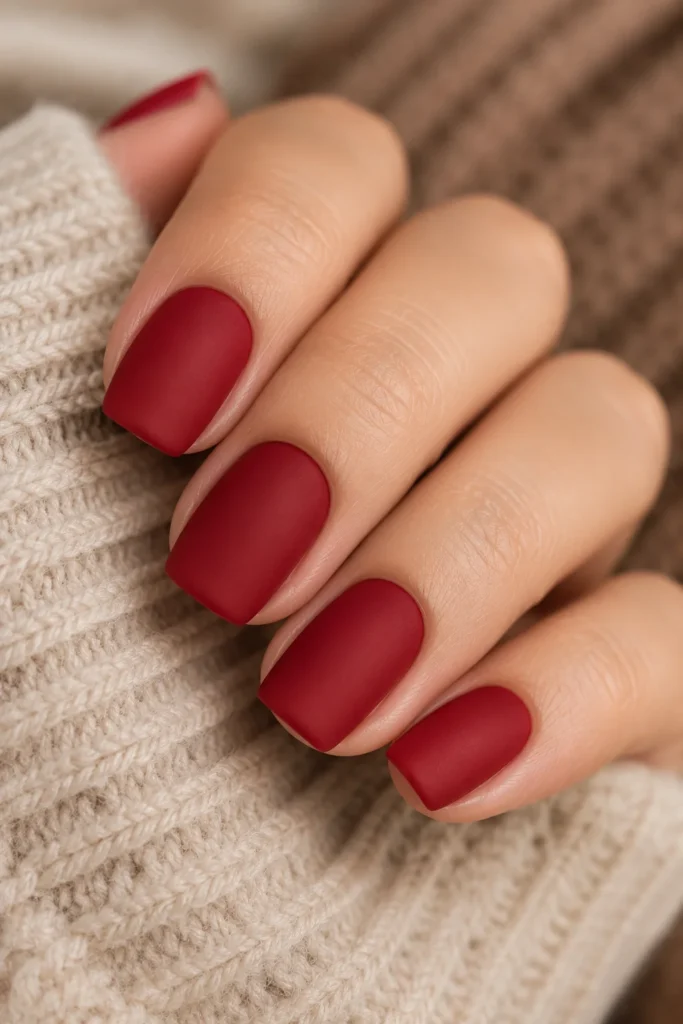 Matte cherry red squoval nails with soft finish