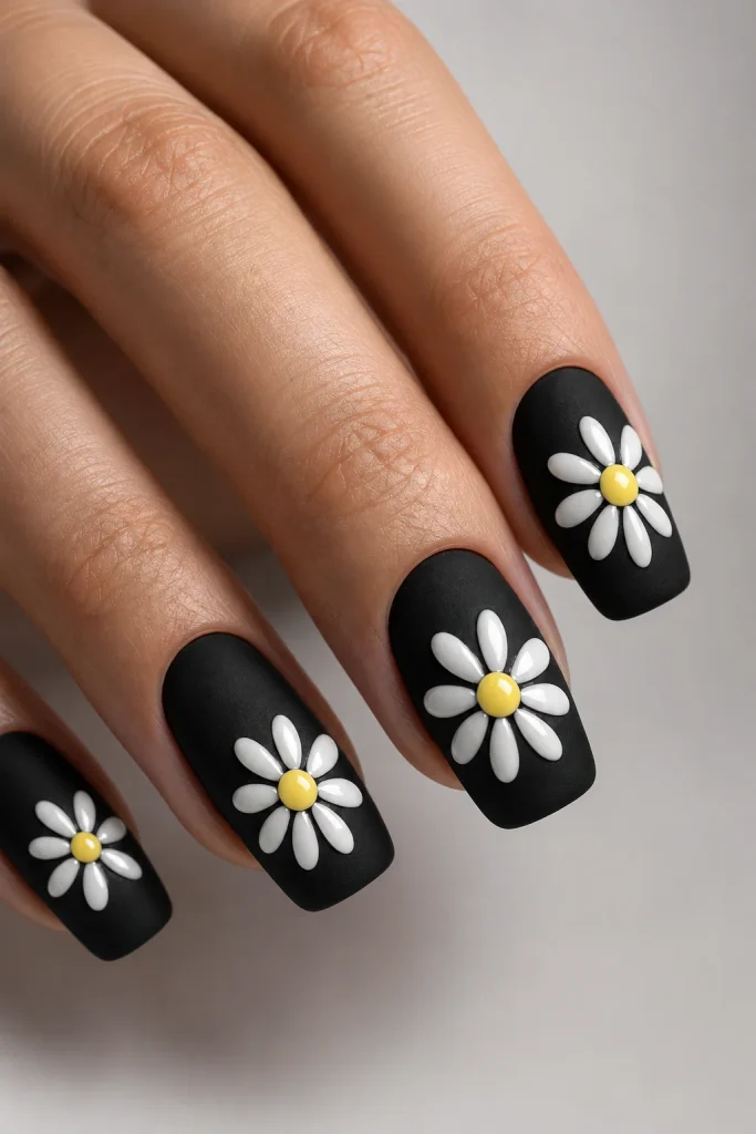 Matte daisy nails with glossy white petals centers