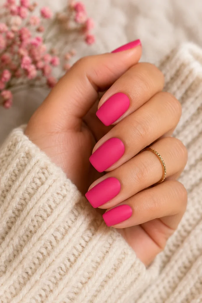 Matte hot pink square nails against cozy knit sweater