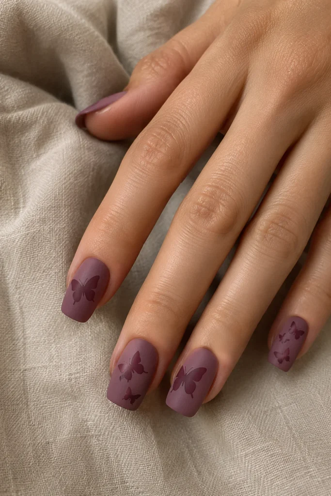 Matte mauve nails with velvet purple butterfly silhouettes