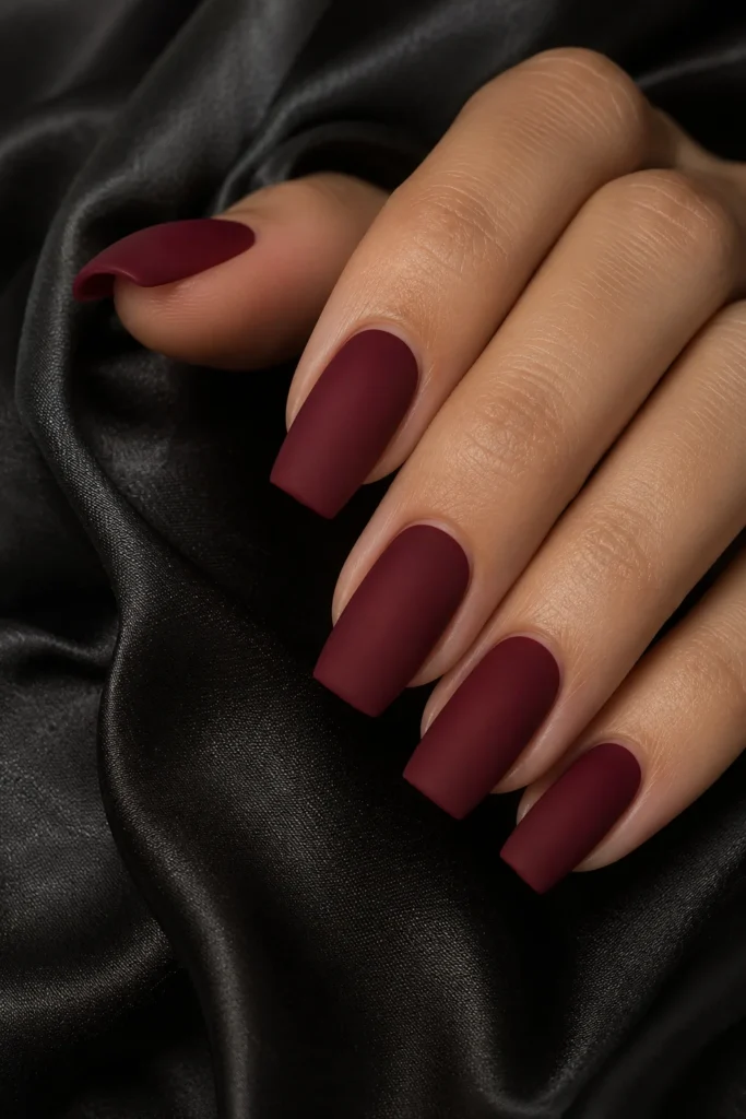 Matte merlot red Valentine's Day nails with elegant square shape
