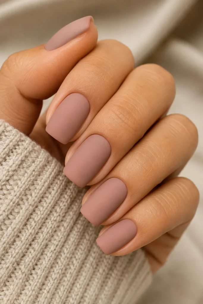 Matte pink nails on square shaped nails with smooth velvety finish