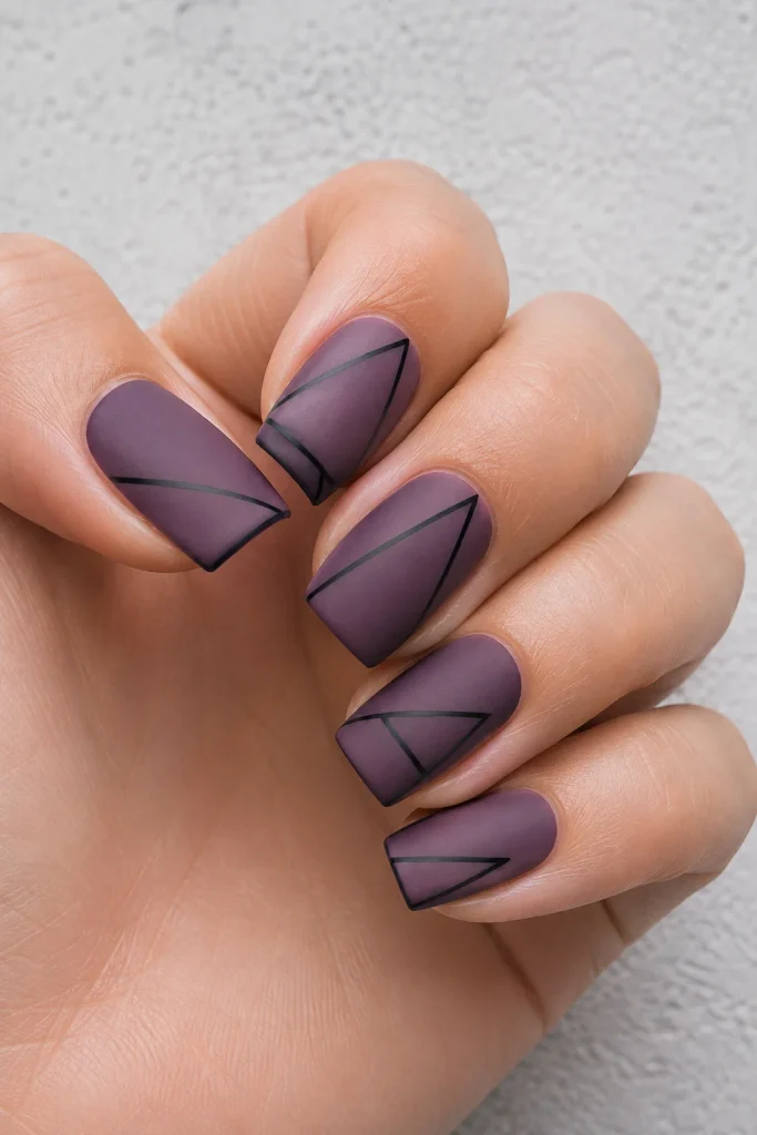 Purple and Black Nail Ideas with matte purple and thin black lines