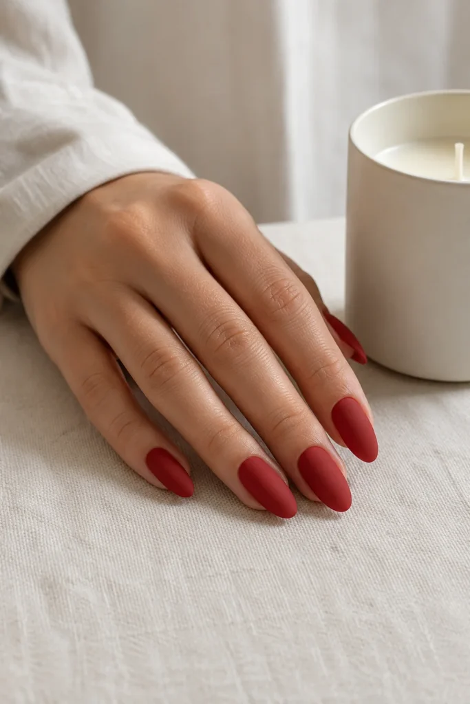 Matte red almond wedding nails with smooth velvety finish