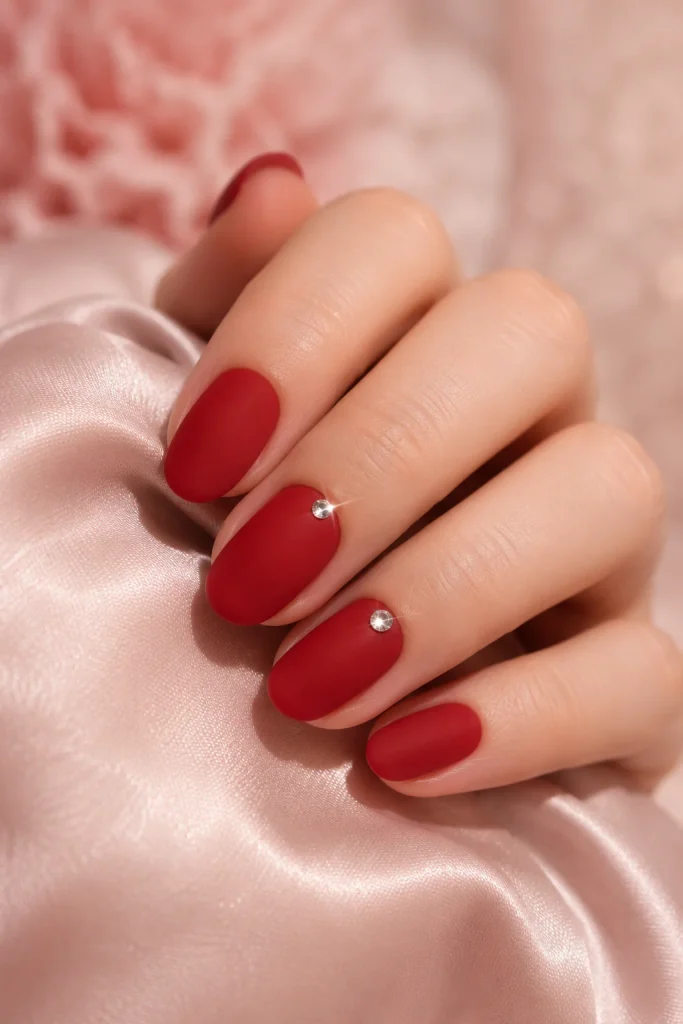 Matte red nails with rhinestone accent