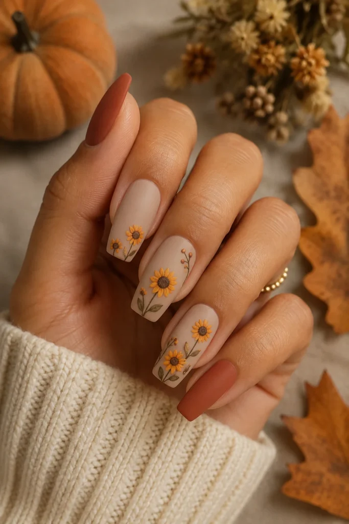 Matte terracotta nails with multiple sunflowers in autumn-inspired field design