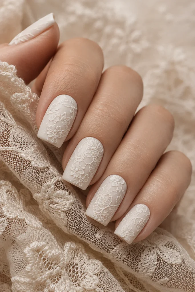 Matte white bridal nails with embossed lace florals