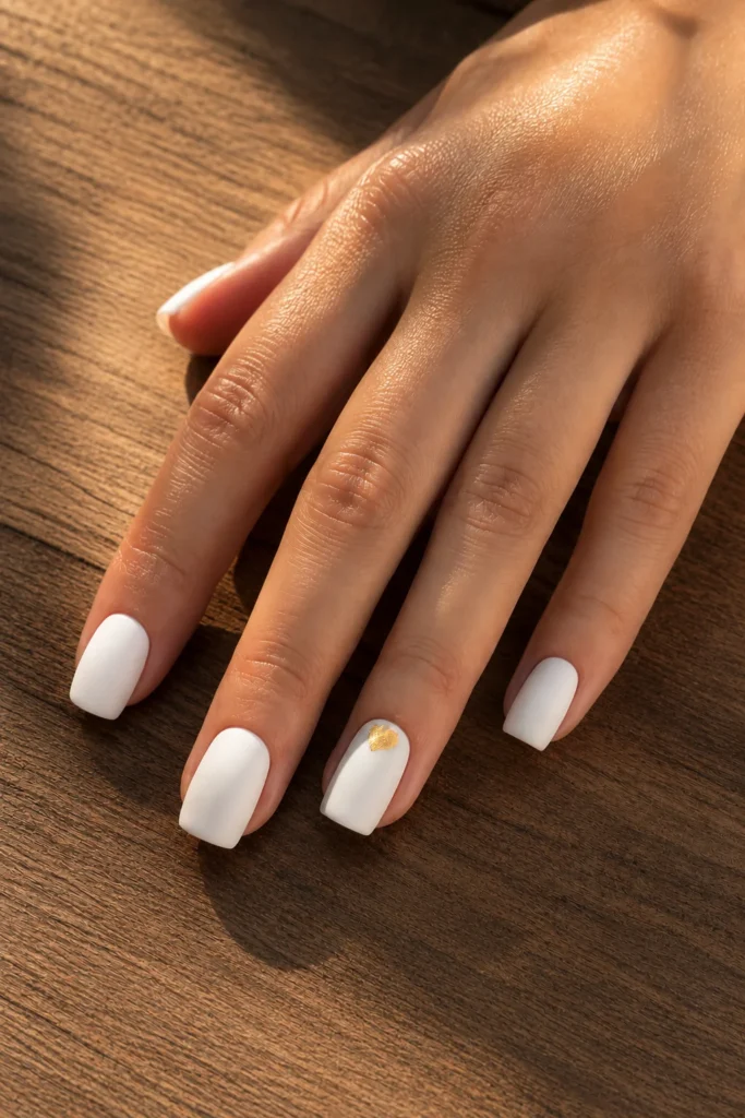 Matte white fall nails with delicate gold fleck accent on square nails