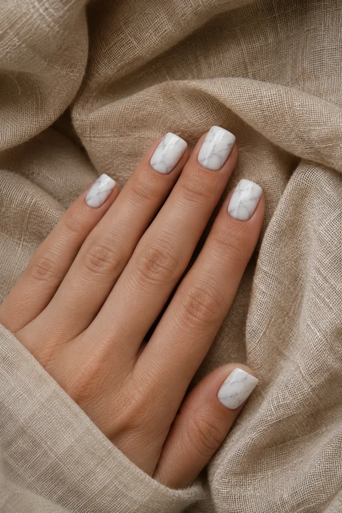 Matte white marble nails with soft veins
