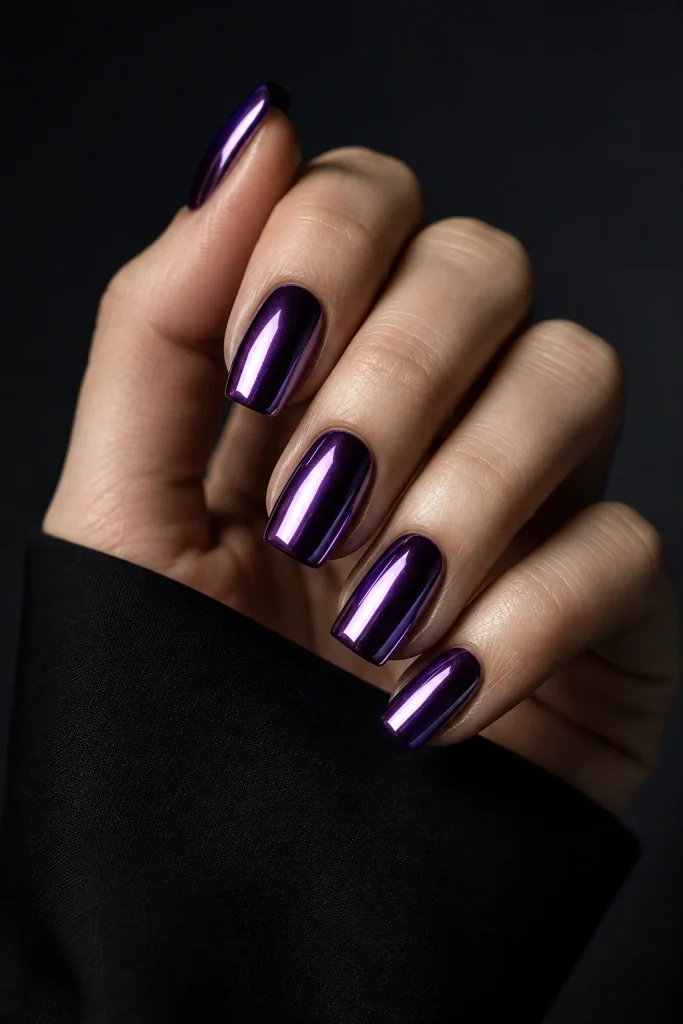 Metallic purple chrome nails with mirror shine