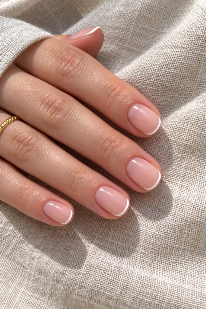 Short round nails with ultra-thin white micro French tips