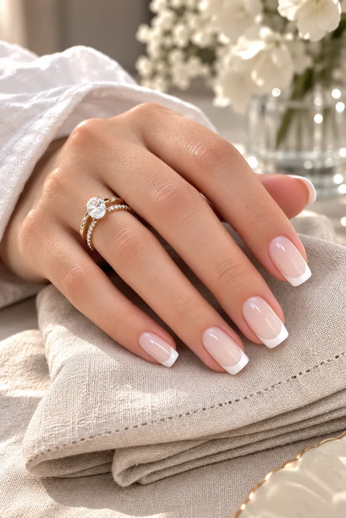 Modern milky white French tip manicure on medium squoval nails