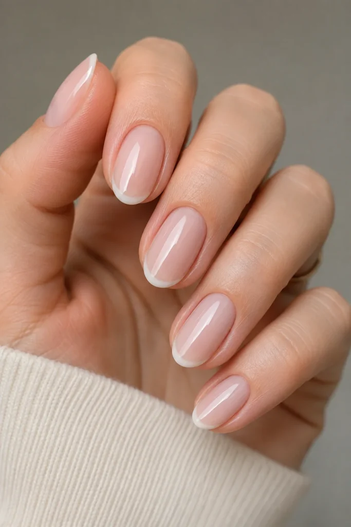Milky white sheer nails with a barely visible French tip line
