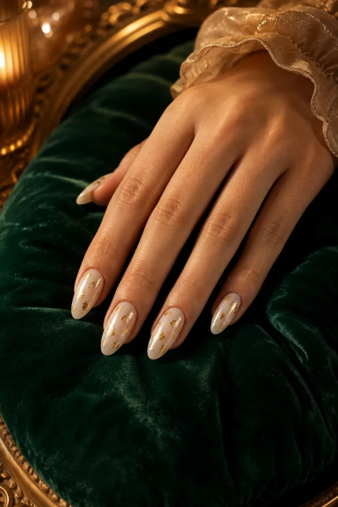Milky white nails decorated with delicate gold foil flakes