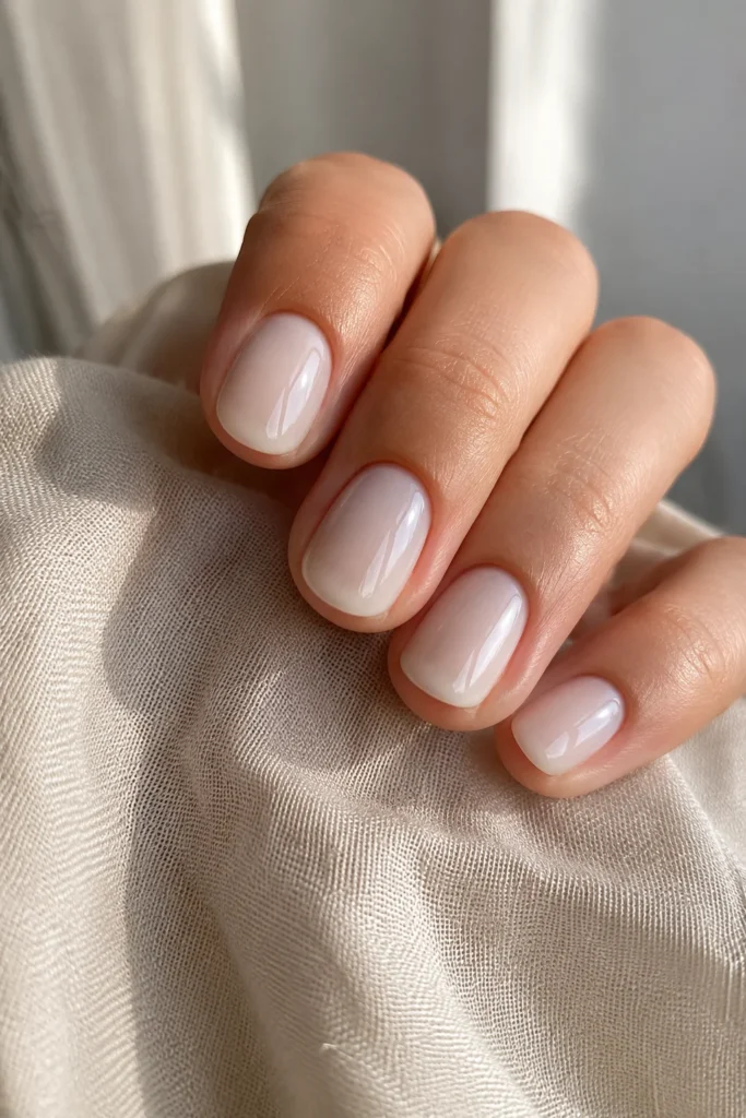 Milky white jelly nails with sheer glossy finish for autumn