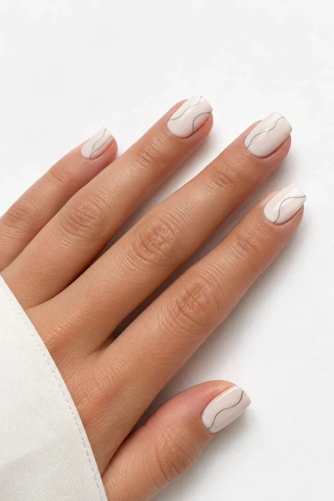 Minimalist milky white nails featuring delicate white line art