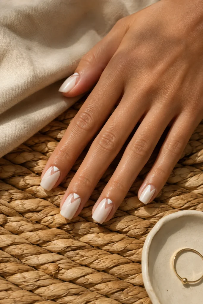 Squoval milky white negative space nails with minimalist detailing