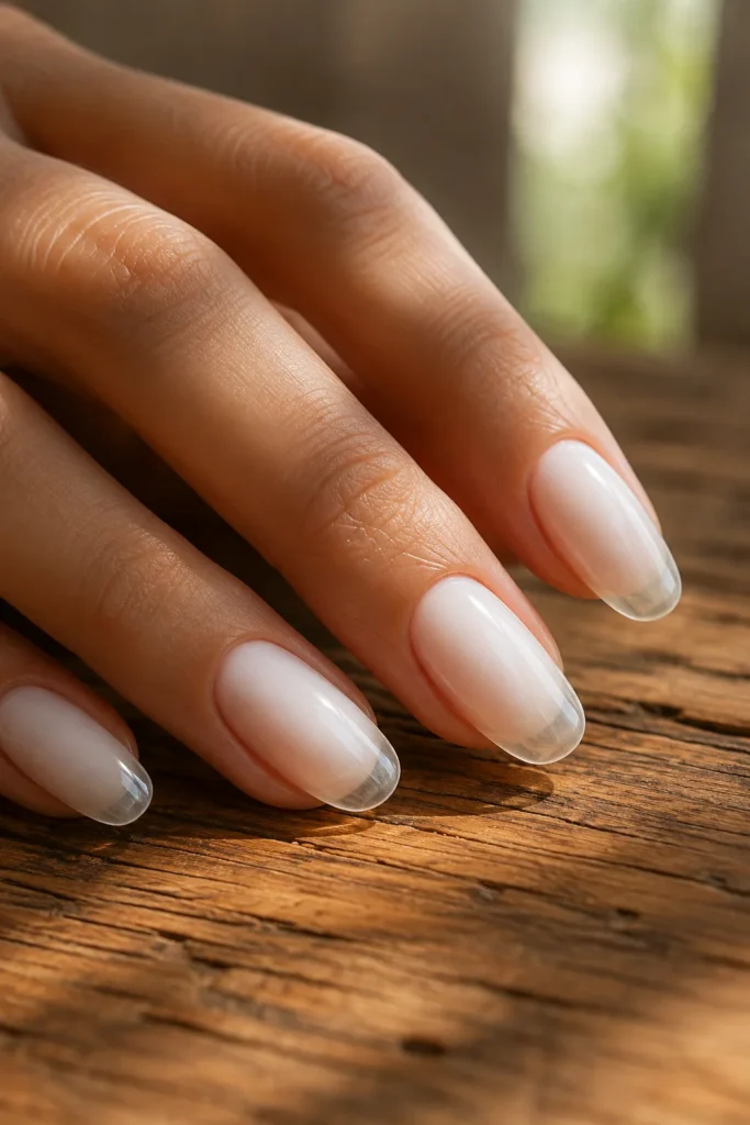 Soft milky white ombre nails fading seamlessly across almond nails