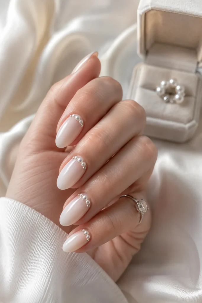 Elegant milky white nails embellished with tiny pearl accents