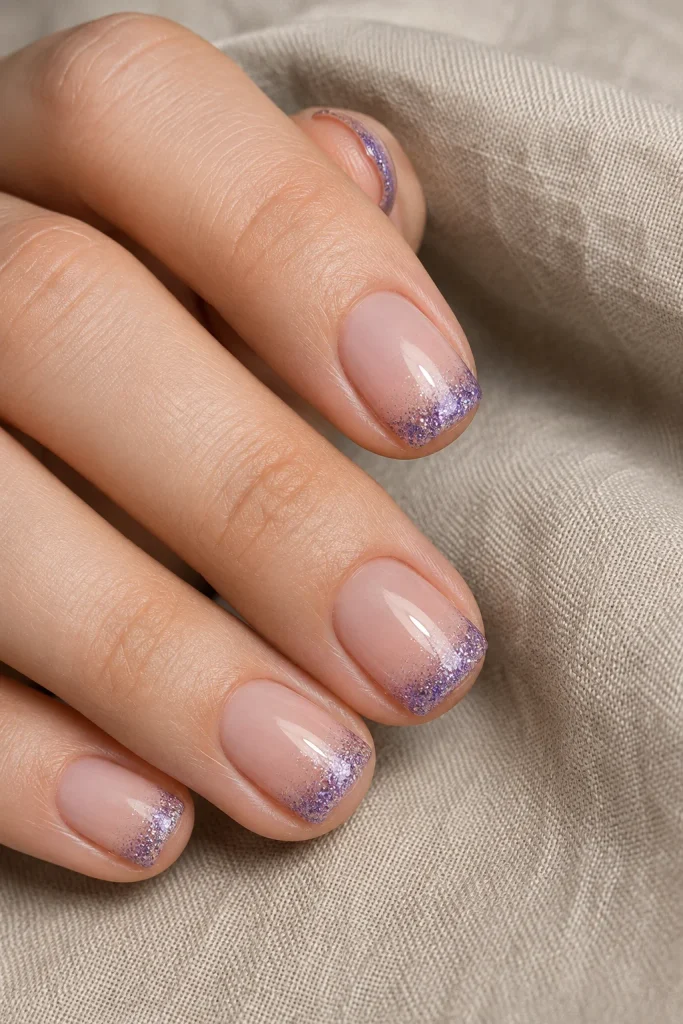 Minimalist purple glitter tips on a nude nail base