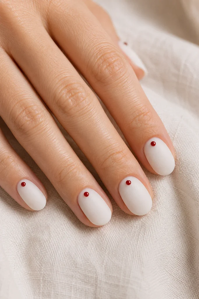 Minimalist white nails with small red dots