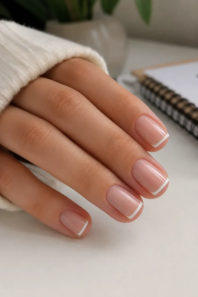 Short square nails with minimalist thin white French tip lines