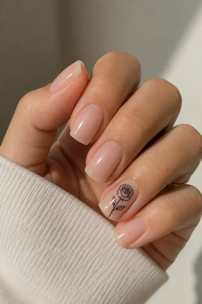 Nude square nails with one minimalist rose outline accent