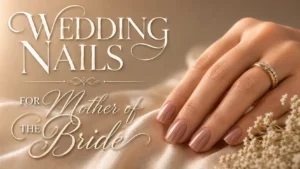 Elegant hand with mauve nails and text overlay wedding nails mother bride