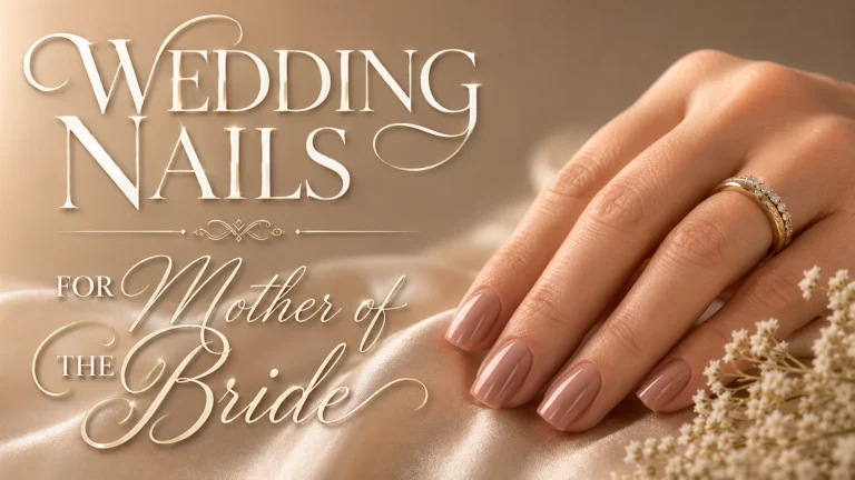 Elegant hand with mauve nails and text overlay wedding nails mother bride