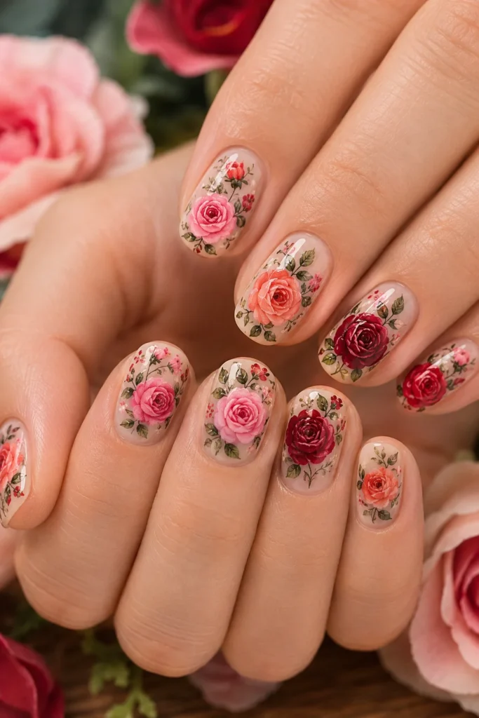 Nude nails featuring multicolor roses in pink, red, and coral