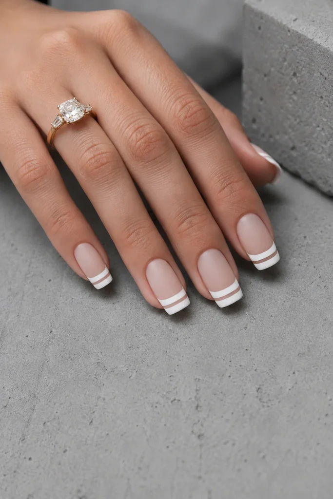 Two-tone white French tip nails with modern negative space