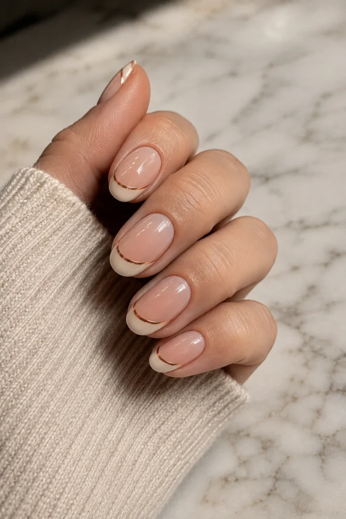 Off-white French tip nails with thin copper outline for fall