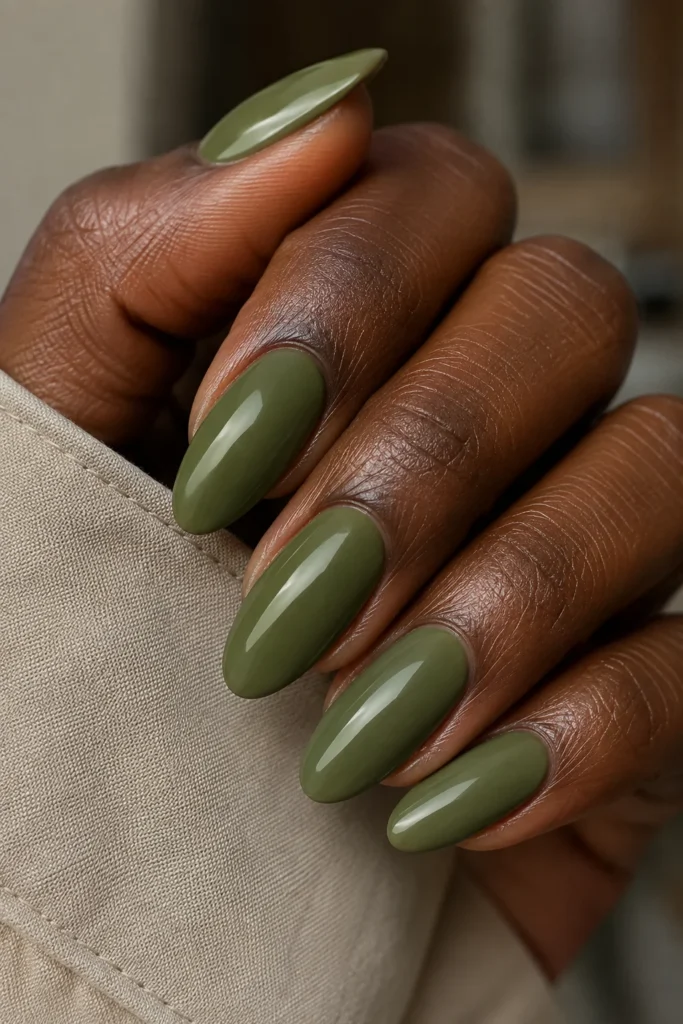 Cream olive green almond nails on deep neutral undertone skin